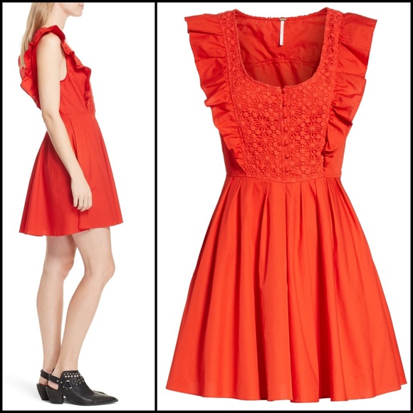 Free People Red Crochet Lace Bib Babydoll Dress - Picture 4 of 10